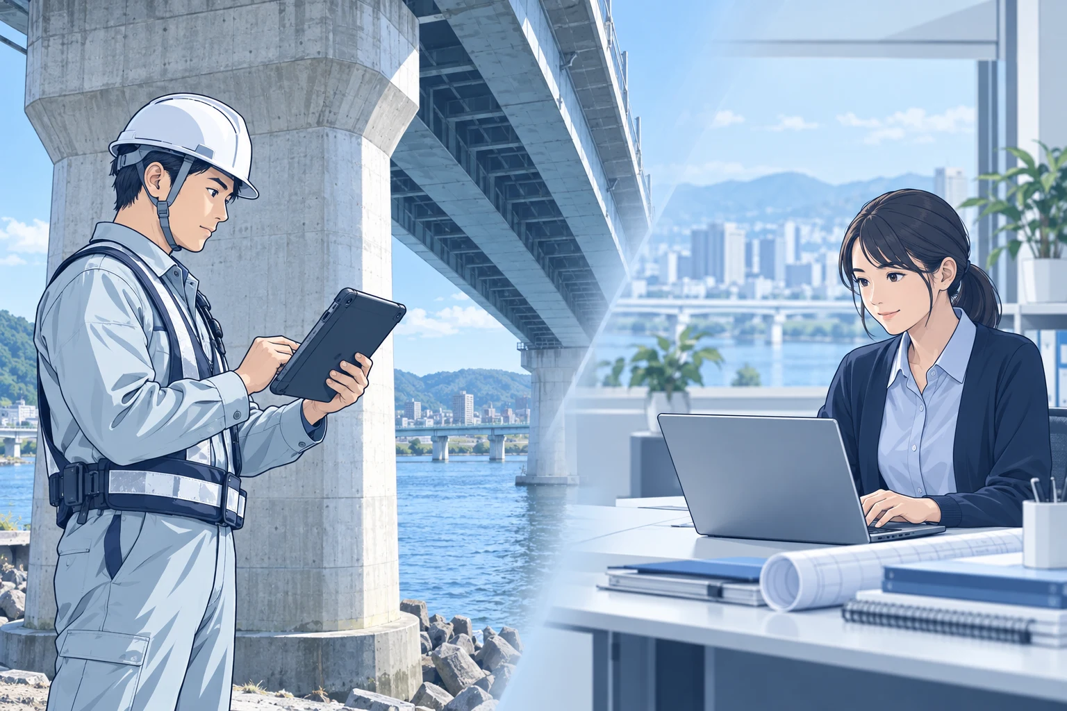 橋梁点検の現場と事務所で、タブレットとパソコンを使って協力する技術者のイラスト