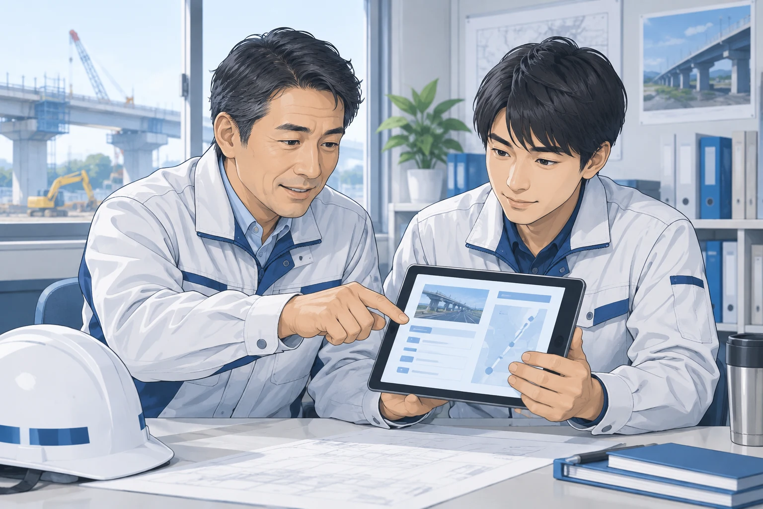 現場の担当者と支援担当者がタブレットを見ながら改善内容を相談するイラスト