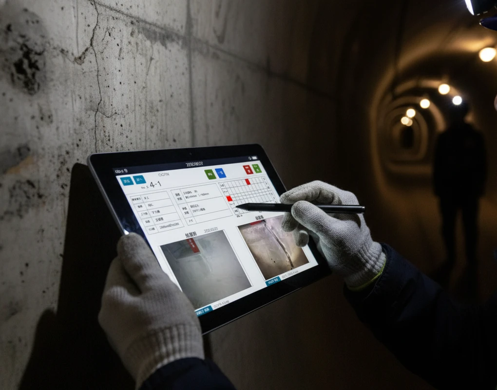 トンネル内でタブレットを使って変状を記録するイメージ